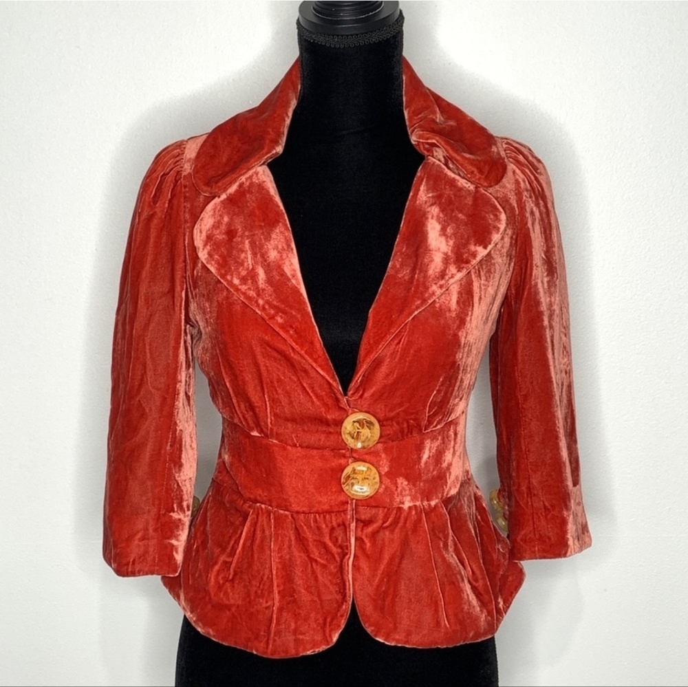Elevenses Anthropologie Burnt Orange Boho Velvet Blazer with Floral Lining